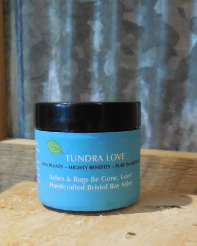 Alaskan salve Tundra Love Aches and Bug Be Gone 2 oz therapeutic salve is organic, handmade from Alaska infused oils. 